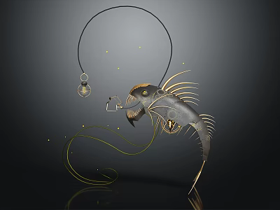 Metallic Anglerfish 3D Model With Glowing Lure Golden Lines And Dark Reflective Surface 3d model