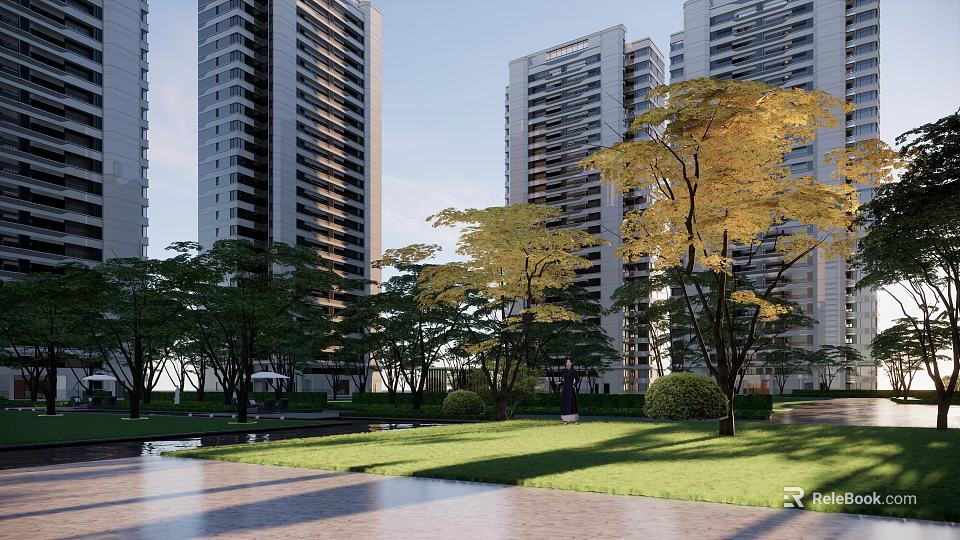 Modern High Rise Residential Landscape With Green Lawn Trees And Water Feature 3d model 