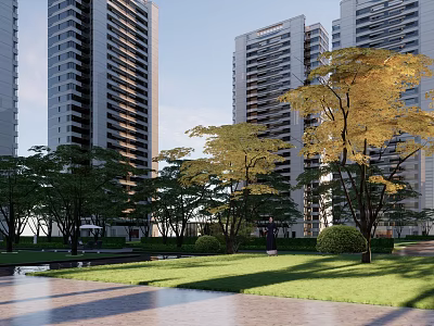 Modern High Rise Residential Landscape With Green Lawn Trees And Water Feature 3d model