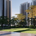 Modern High Rise Residential Landscape With Green Lawn Trees And Water Feature