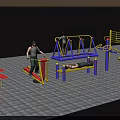 Outdoor Fitness Area With People Exercising On Various Equipment And Red Benches