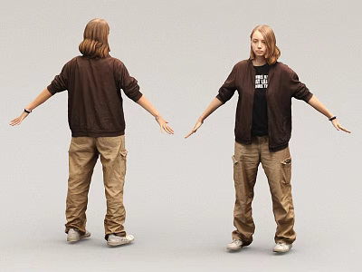 Woman In Brown Jacket Black T-shirt Khaki Pants With Arms Outstretched Front And Back Views 3d model