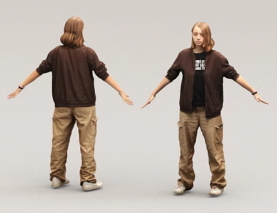 Woman In Brown Jacket Black T-shirt Khaki Pants With Arms Outstretched Front And Back Views 3d model