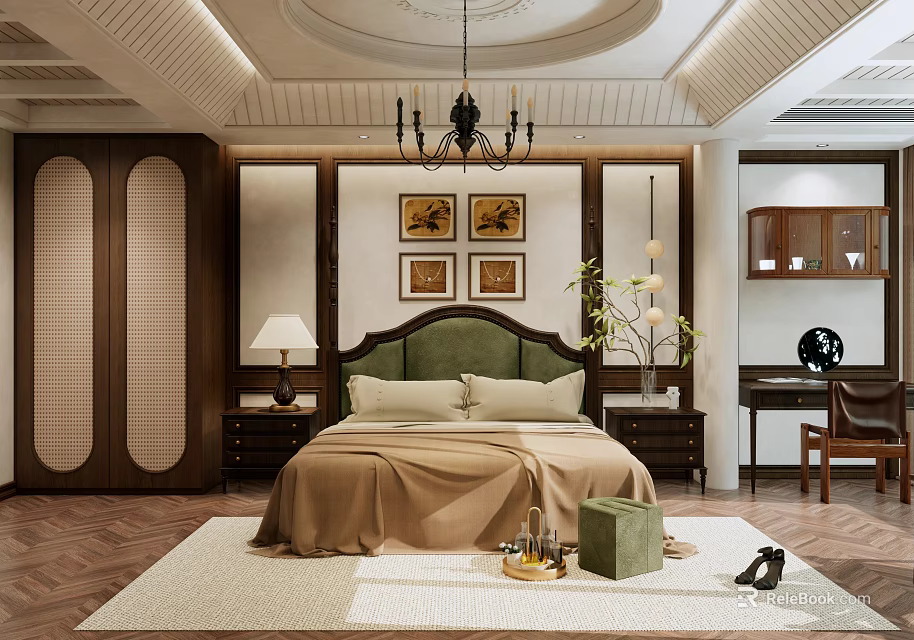 Bedroom Interior Design With Green Headboard Bed And Wooden Floor Chandelier Decorative Paintings Rug 3d model 
