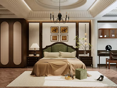 Bedroom Interior Design With Green Headboard Bed And Wooden Floor Chandelier Decorative Paintings Rug 3d model