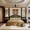 Bedroom Interior Design With Green Headboard Bed And Wooden Floor Chandelier Decorative Paintings Rug