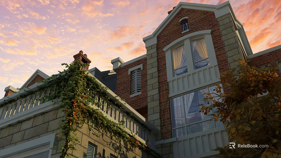 Detached Villa With Red Brick Exterior Climbing Vines Windows And Sunset Sky View 3d model 