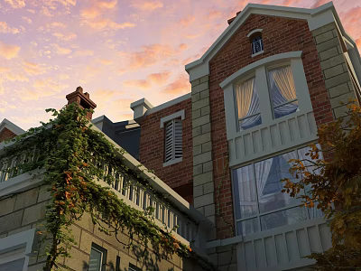 Detached Villa With Red Brick Exterior Climbing Vines Windows And Sunset Sky View 3d model