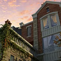 Detached Villa With Red Brick Exterior Climbing Vines Windows And Sunset Sky View