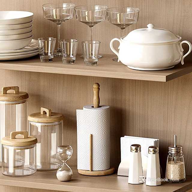Stylish Dinnerware Set with Stacked Plates Glasses Covered Casserole and Wooden Lid Storage Jars 3d model 