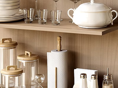 Stylish Dinnerware Set with Stacked Plates Glasses Covered Casserole and Wooden Lid Storage Jars 3d model