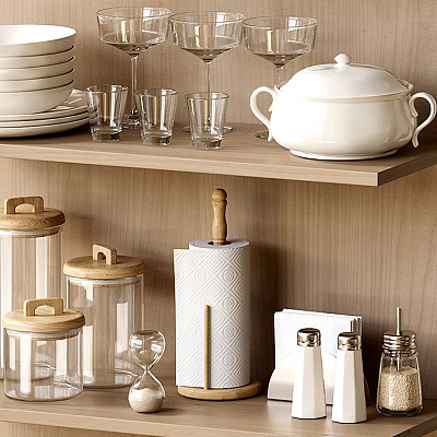 Stylish Dinnerware Set with Stacked Plates Glasses Covered Casserole and Wooden Lid Storage Jars 3d model