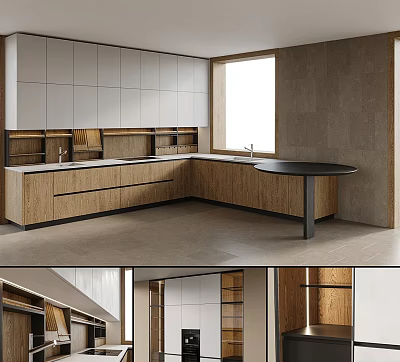 Modern Kitchen Interior With White Wooden Cabinets Countertop Window Small Table And Natural Light 3d model