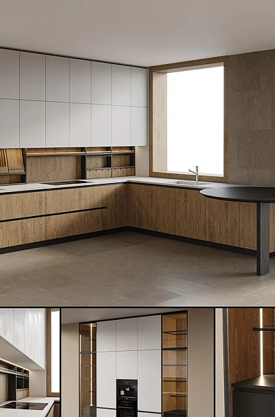 Modern Kitchen Interior With White Wooden Cabinets Countertop Window Small Table And Natural Light 3d model