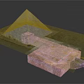 Cartoon Scene With Gray Stone Pyramid And Orange Ancient Structure On Grassy Ground