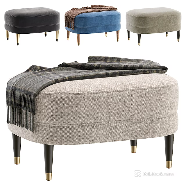 Stylish Multicolor Fabric Ottoman With Plaid Throw Blanket And Gold Metal Legs 3d model 