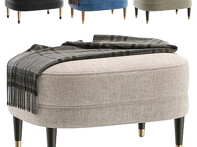 Stylish Multicolor Fabric Ottoman With Plaid Throw Blanket And Gold Metal Legs 3d model