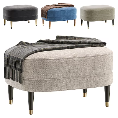 Stylish Multicolor Fabric Ottoman With Plaid Throw Blanket And Gold Metal Legs 3d model