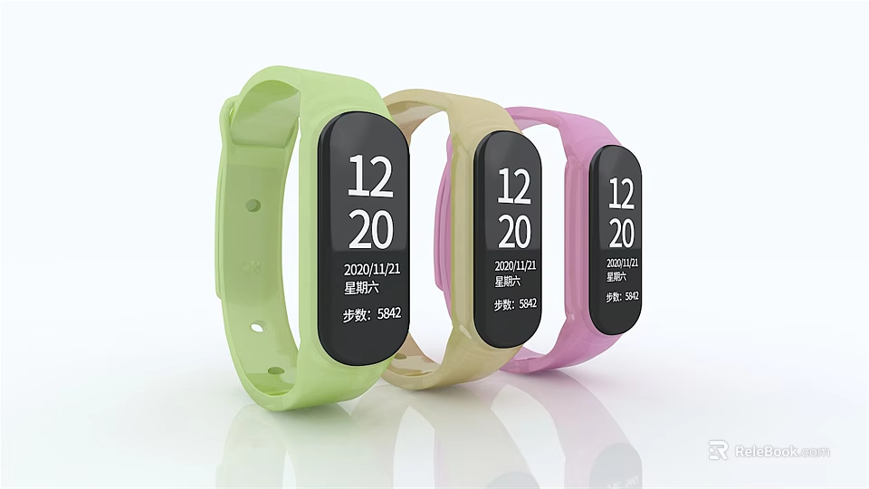 Green Beige Pink Fitness Tracker Watch With Time Date Step Tracking 3d model 