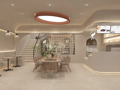 Cozy Milk Tea Shop Interior with Round Chandelier Counter Wooden Tables Staircase and Green Plants 3d model