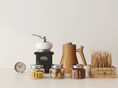 Kitchenware Display On Light Surface With Coffee Grinder Kettle Jars 3d model