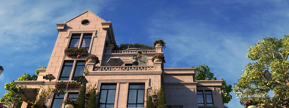 Classical Detached Villa Exterior With Balcony Flower Pots Stone Facade And Greenery 3d model 