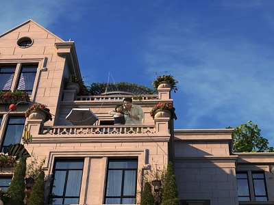 Classical Detached Villa Exterior With Balcony Flower Pots Stone Facade And Greenery 3d model