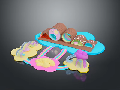 Colorful Kids Play Structure With Rainbow Cloud Shaped Tunnels And Slides 3d model