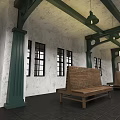 Traditional Railway Station Building At Night With Square Benches Street Lamps And Carriage