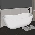 Modern Bathroom Interior With White Freestanding Bathtub Gray Tiled Walls And Patterned Mat