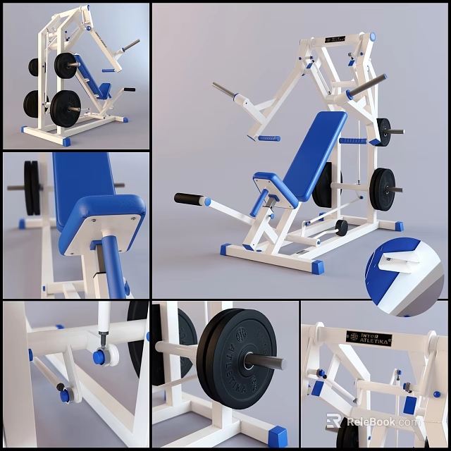 Fitness Sports Equipment Blue White Weight Bench With Barbell Weights And Adjustable Seat 3d model 