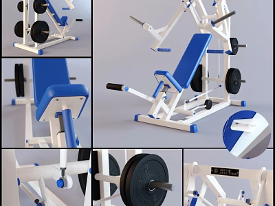 Fitness Sports Equipment Blue White Weight Bench With Barbell Weights And Adjustable Seat 3d model