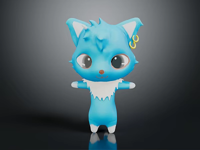 Blue Cartoon Cat Character With Big Eyes White Belly And Yellow Ring Ears 3d model