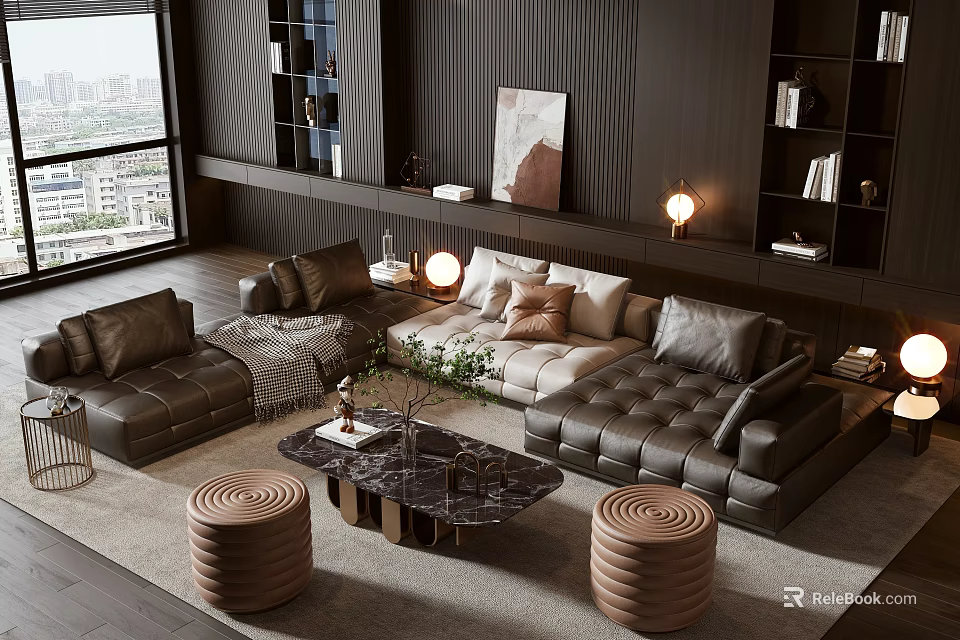 Modern Luxury Sofa and Coffee Table Set With Leather Seating Marble Top and Round Stools 3d model 