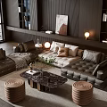 Modern Luxury Sofa and Coffee Table Set With Leather Seating Marble Top and Round Stools