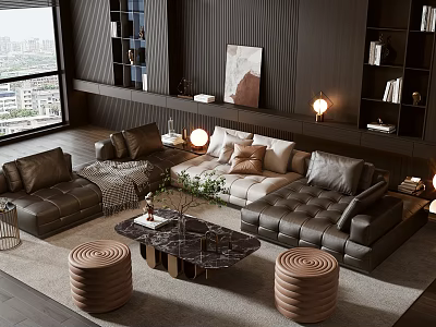 Modern Luxury Sofa and Coffee Table Set With Leather Seating Marble Top and Round Stools 3d model