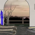 Lounge Chair On Stone Floor With Wooden Ceiling Arched Doorway And Sunset View