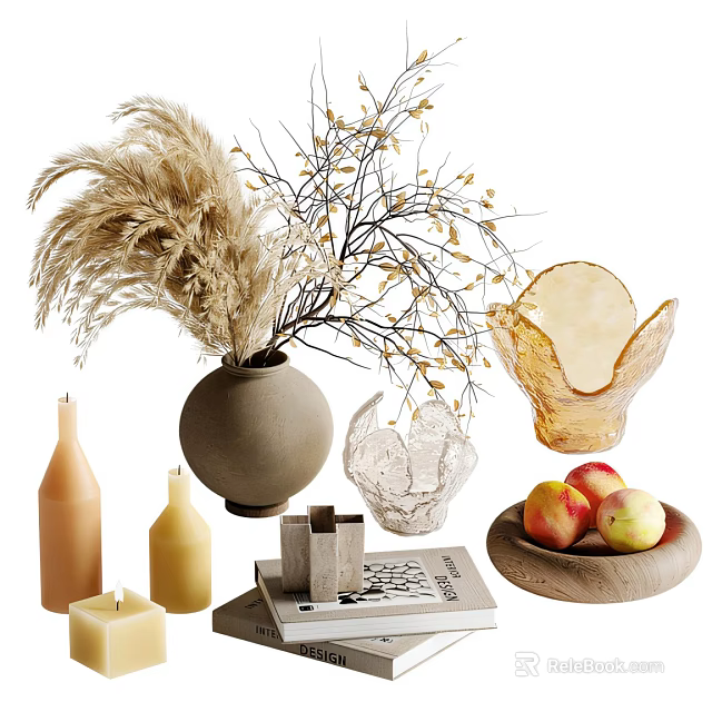 Decorative Plate Setup With Fruits Dried Flowers Vases And Candles 3d model 