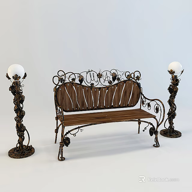 Outdoor Bench with Wooden Seat Backrest and Ornate Metal Frame and Decorative Metal Lamp Posts 3d model 