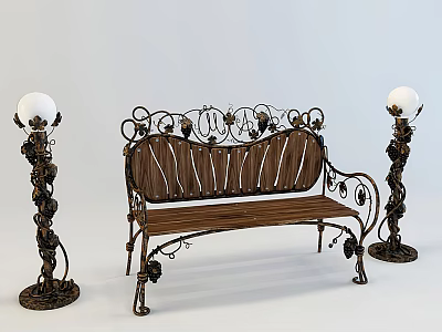 Outdoor Bench with Wooden Seat Backrest and Ornate Metal Frame and Decorative Metal Lamp Posts 3d model