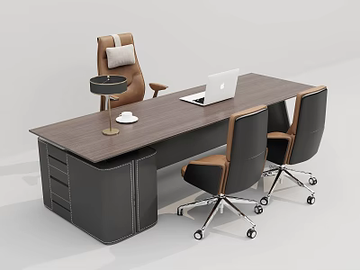 Modern Office Desk with Leather Storage Drawers Laptop Table Lamp and Ergonomic Chairs 3d model