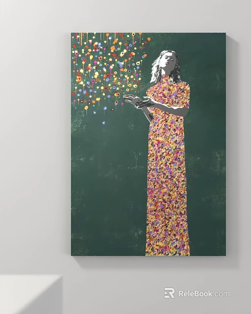 Vibrant Figure Painting of Woman in Floral Dress with Colorful Floating Ornaments against Dark Green Background 3d model 