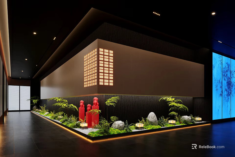Japanese Style Hotel Corridor With Red Statues Green Plants Stones And Warm Lighting 3d model 