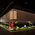 Japanese Style Hotel Corridor With Red Statues Green Plants Stones And Warm Lighting