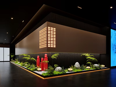 Japanese Style Hotel Corridor With Red Statues Green Plants Stones And Warm Lighting 3d model