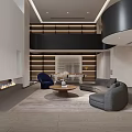 Modern Spacious Duplex Living Room With Round Coffee Table Blue Armchair Fireplace And Spiral Staircase