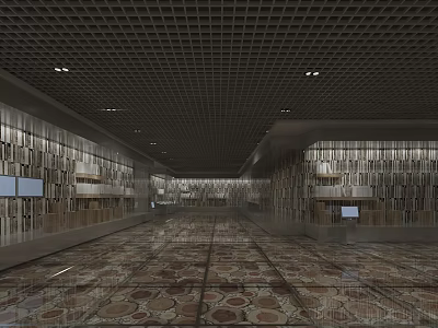 Modern Exhibition Hall Interior With Metal Wall Panels And Patterned Floor Tiles 3d model
