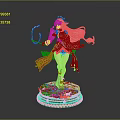 Game and Movie Character with Long Pink Hair White Red Outfit Staff and Decorative Base