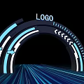 Modern Archway Design With LOGO Blue White Lines Arrows And Light Effects