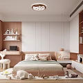 Modern Kids Room Interior Design With Bed Desk Shelves Ceiling Light And Stuffed Toys
